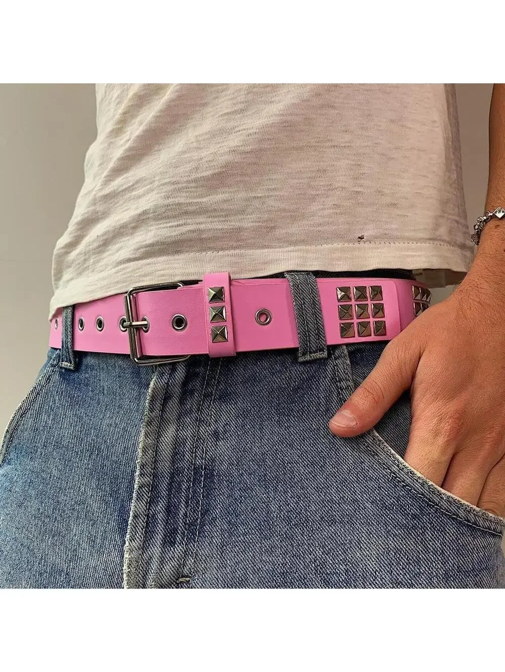 Y2k 2000s style Pink leather with silver studded bel . 39 inches length. Comes n